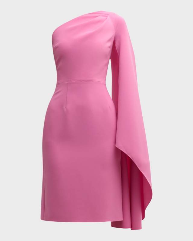 One-Shoulder Cape-Sleeve Crepe Midi Dress
